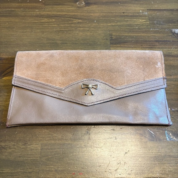 Leather Suede Envelope Clutch Bag Tan Gray Neutral Bow Vintage Bohemian Festival - Picture 1 of 9